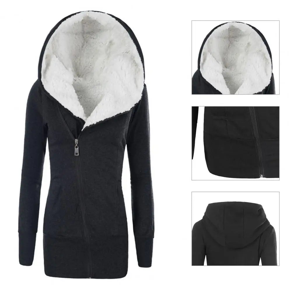 Women Fleece Long Hoodie Winter Jacket European And American Women's Winter Thick Warm Lamb Wool Hooded Mid Length Jacket