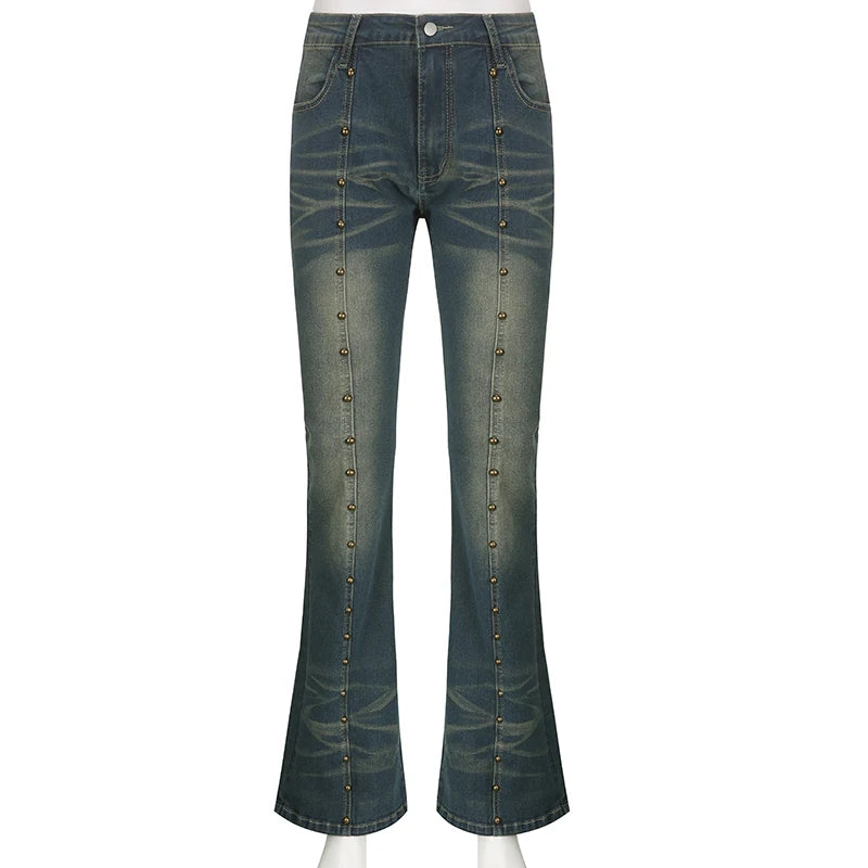Rockmore Vintage Low Waist Flare Jeans Women Y2K Chic Rivet Slim Pencil Jean Pants Streetwear Fashion Retro Denim Trouser Korean
