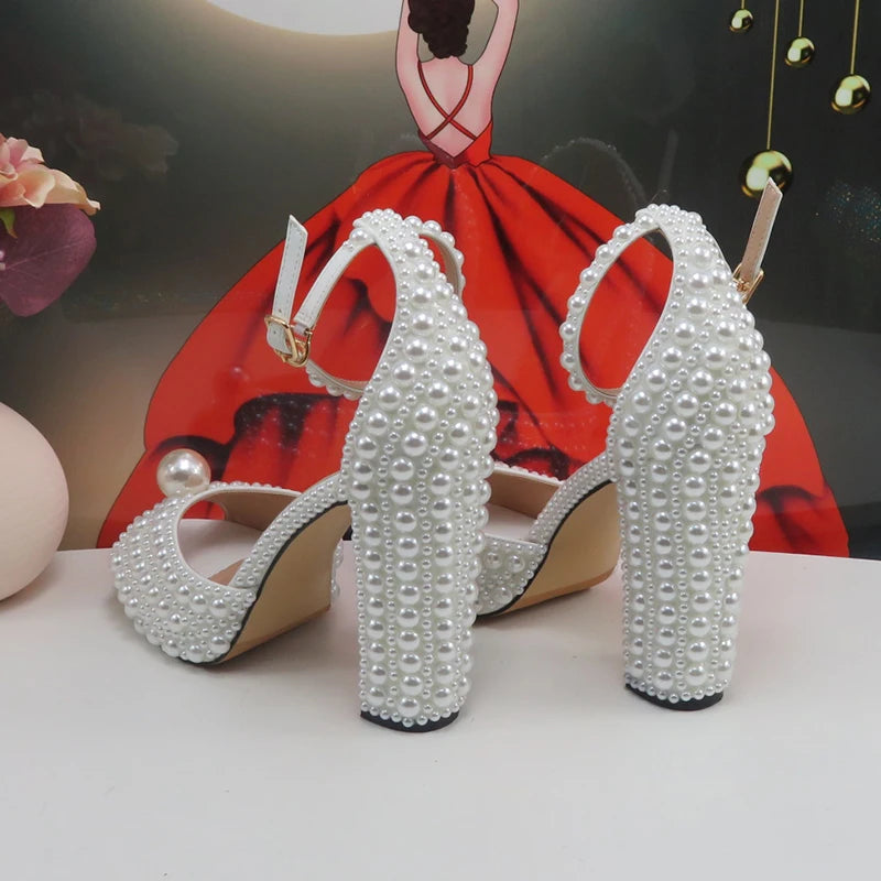 2024 New Arrival Hademade White Sandals Bridal shoes bag set woman Big Pearl Girls fashion Sandals party Shoes Fashion Thin Heel