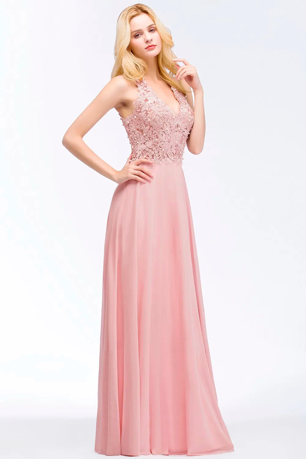 BABYONLINE Halter Neckline Lace Pearls Bodice Bridesmaid Dress Long Floor-length Skirt Chiffon Sexy Open Back Wedding Clothes