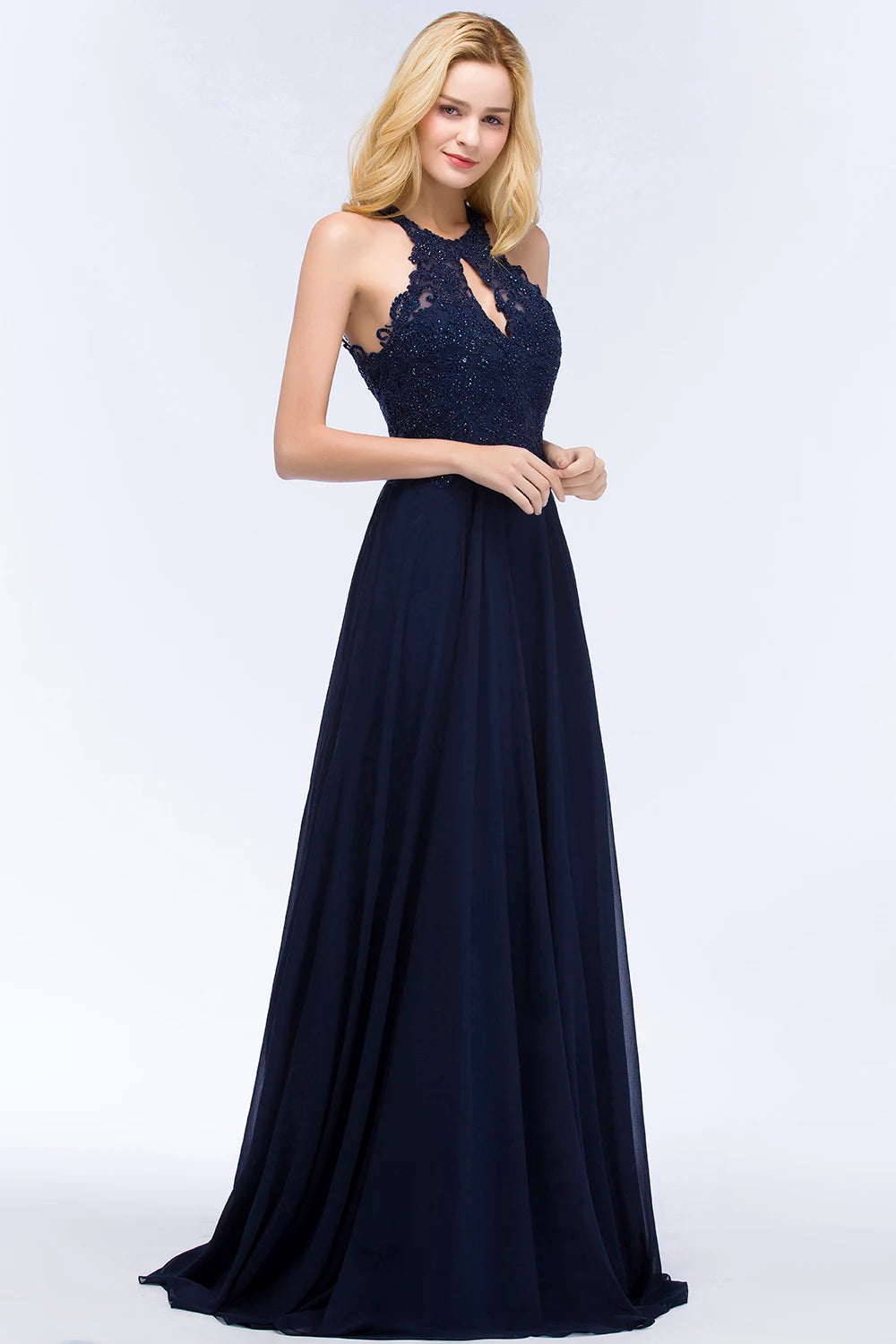 BABYONLINE Halter Neckline Lace Pearls Bodice Bridesmaid Dress Long Floor-length Skirt Chiffon Sexy Open Back Wedding Clothes