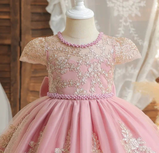 New Tailored Flower Girls Dresses Pink Tulle Gold Lace Puff Sleeve Kid Birthday Party Gown Christmas Dress First Communion Gown