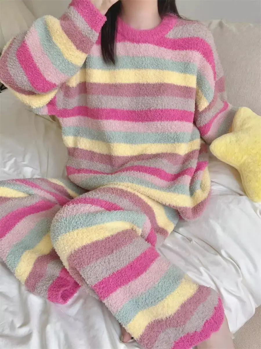 Winter Pajamas for Women: Cute Rainbow Pattern Korean Style Simple Half-Fleece Warm Pajamas Homewear Women's Winter Set