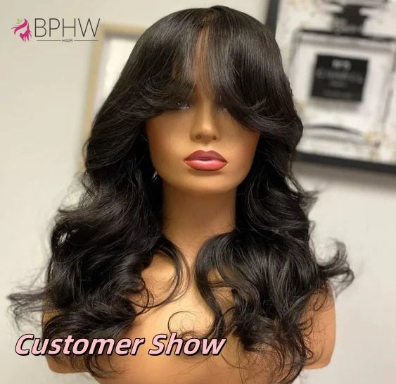 BPHW 12A Body Wave Wig With Bangs 30 inches Body Wave Human Hair Wigs 180% Density Fringe Remy Full Machine Made Wig For Women