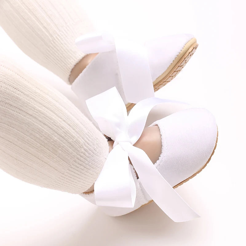 VALEN SINA 0-18 Months Newborn Girl White Baptism Shoes Bow Non-slip Rubber Soft-Sole Flat PU First Walker Mary Janes