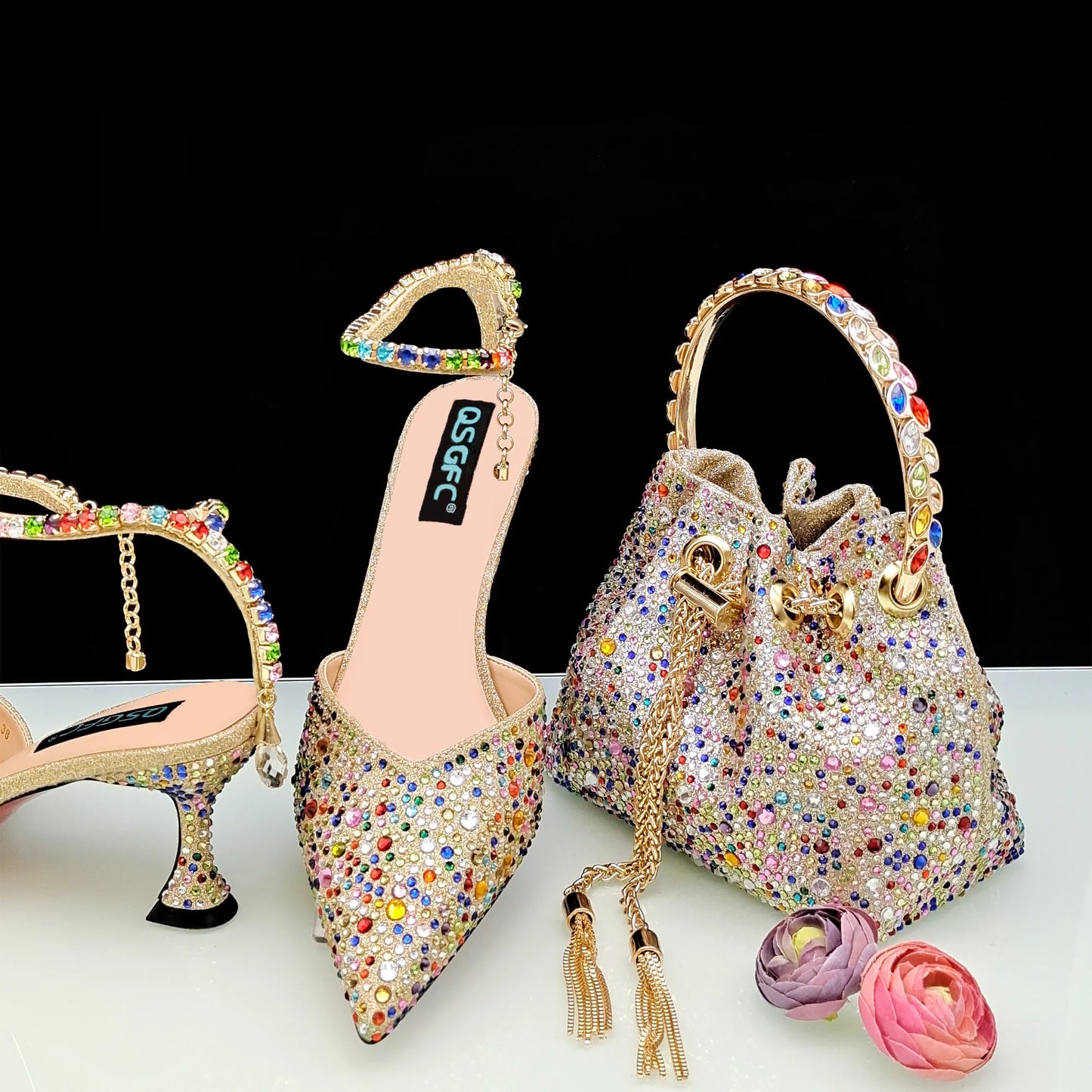 QSGFC New Gold Glitter Fabric Pointed Toe High Heels With A Variety Of Shapes Of Rhinestones Fashion Party Ladies Shoes And Bag