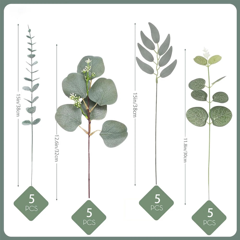 20pcs Artificial Mixed Eucalyptus Leaves Stems Silver Dollar Leaves for DIY Bouquets Floral Arrangement Home Decor Wedding