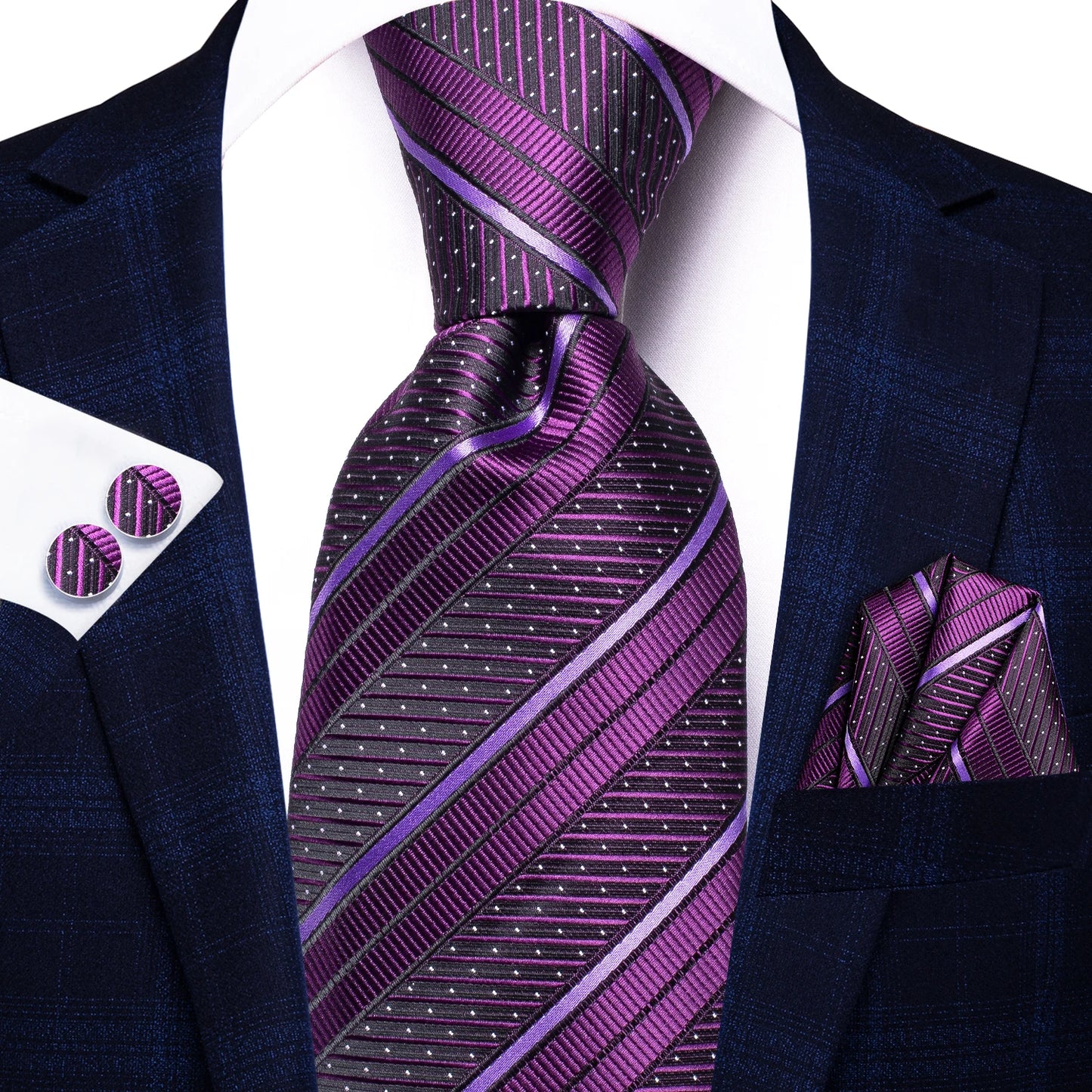 Hi-Tie Striped Black Purple Red Green Men Elegant Necktie Hanky Cufflinks for Tuxedo Fashion Classic Silk Luxury Tie for Man