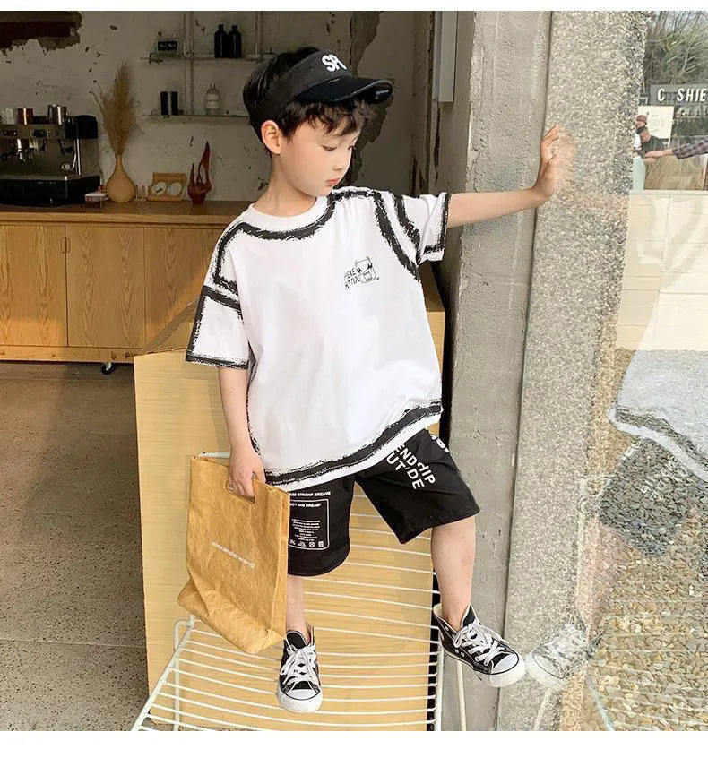 Summer Casual Boys Cotton Contrast Alphabet Graffiti t-Shirt Top+Shorts Pant Set School Kids Tracksuit Child 2PCS Outfit 5-14 Yr