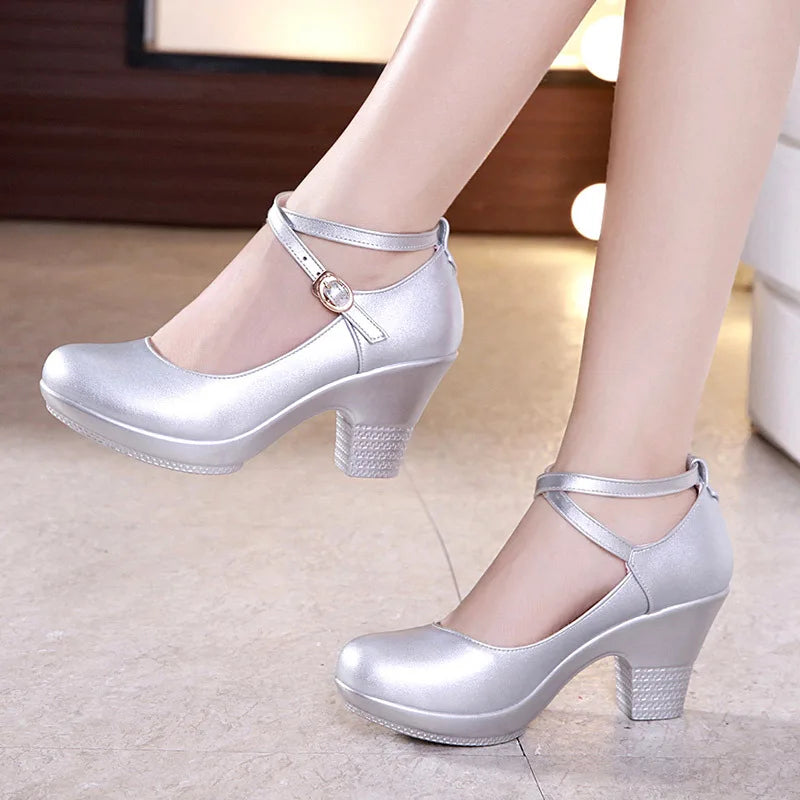 7cm Small Size 32-43 Gladiator Pumps Women Genuine Leather Shoes 2024 Med Block Heels Platform Shoes for Office Model Dance Mom