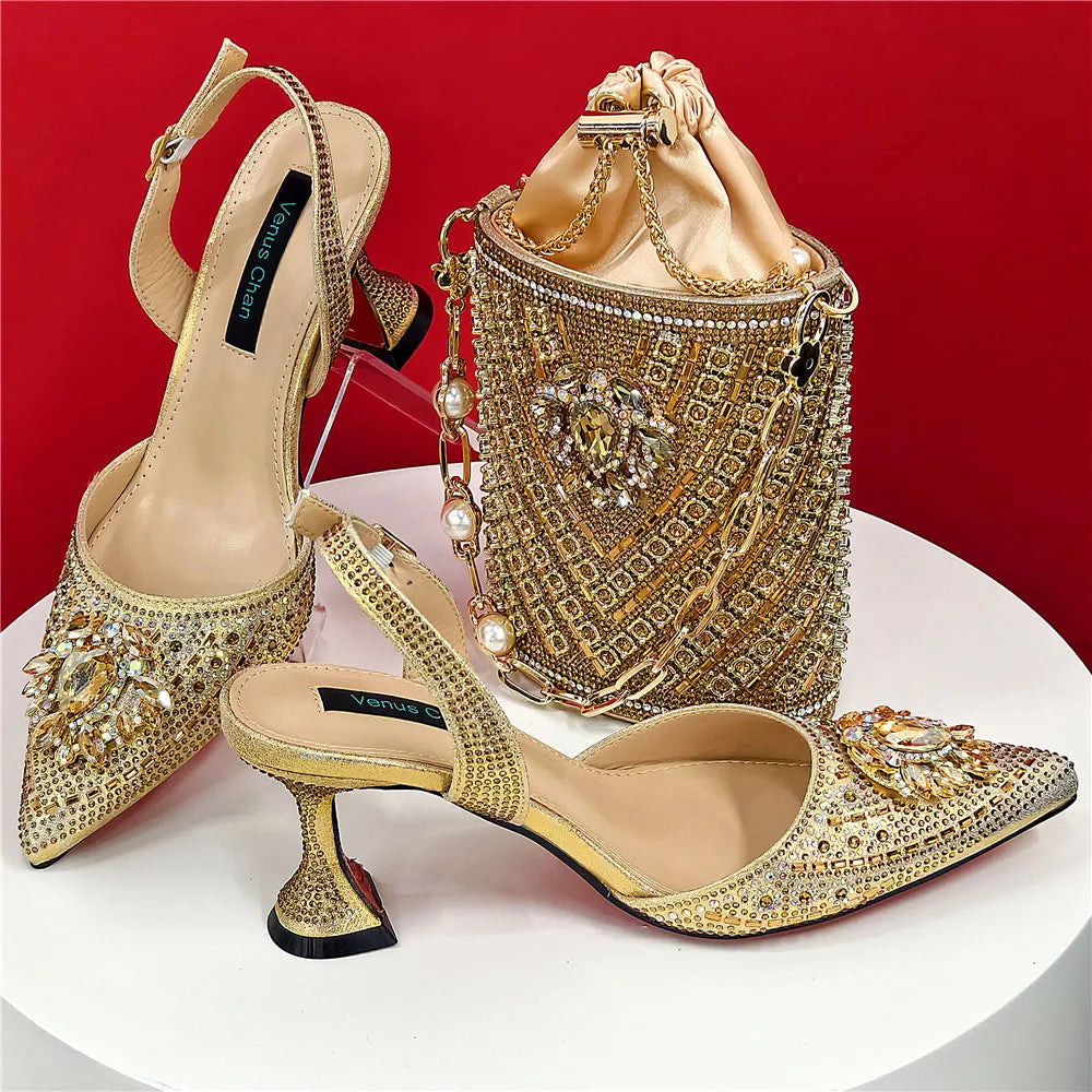 Nigerian Heel Party for Women Blue Color Shoes and Bag Set Rhinestone Handbag Italian Design Wedding INS 2025