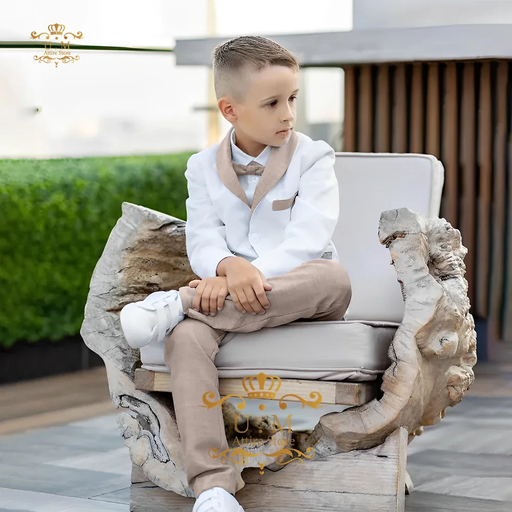 Boys' Linen Suit 2-piece set white Jacket Grey Pants Toddler first communion Outfit, pageboy formal set for wedding ring bearer