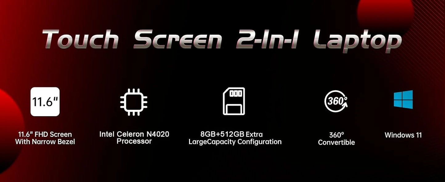 11.6" Portable 2 in 1 mini Laptop Computer Touch Screen Intel Celeron N4020 8GB RAM 512GB SSD Windows 11 Pro Office Learning PC
