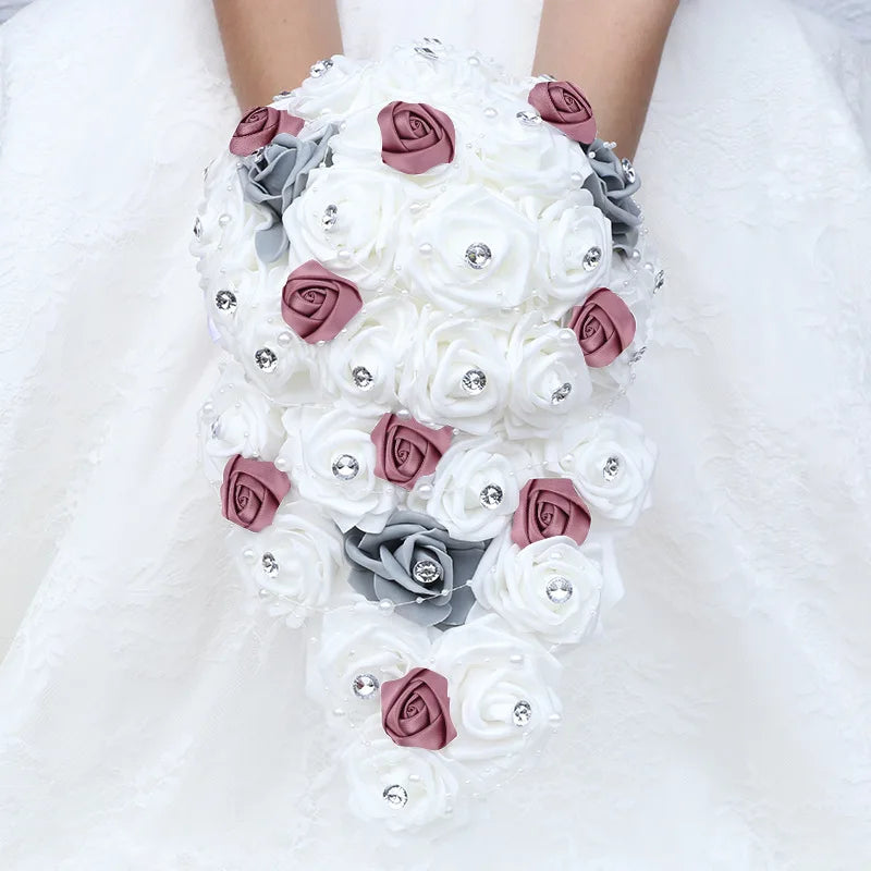 Waterfall New Wedding Bouquets for Bride and Bridesmaid Rose Rhinestones Hand Flower Party Wedding Decoration