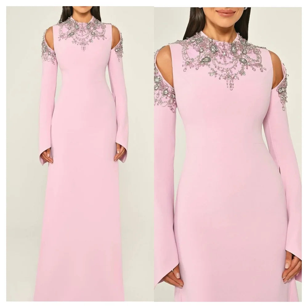 customizedCustomized Formal Pink Jersey Evening Dress Temperament Crew Neck Long Sleeves Party Dress High Quality Straight Celeb