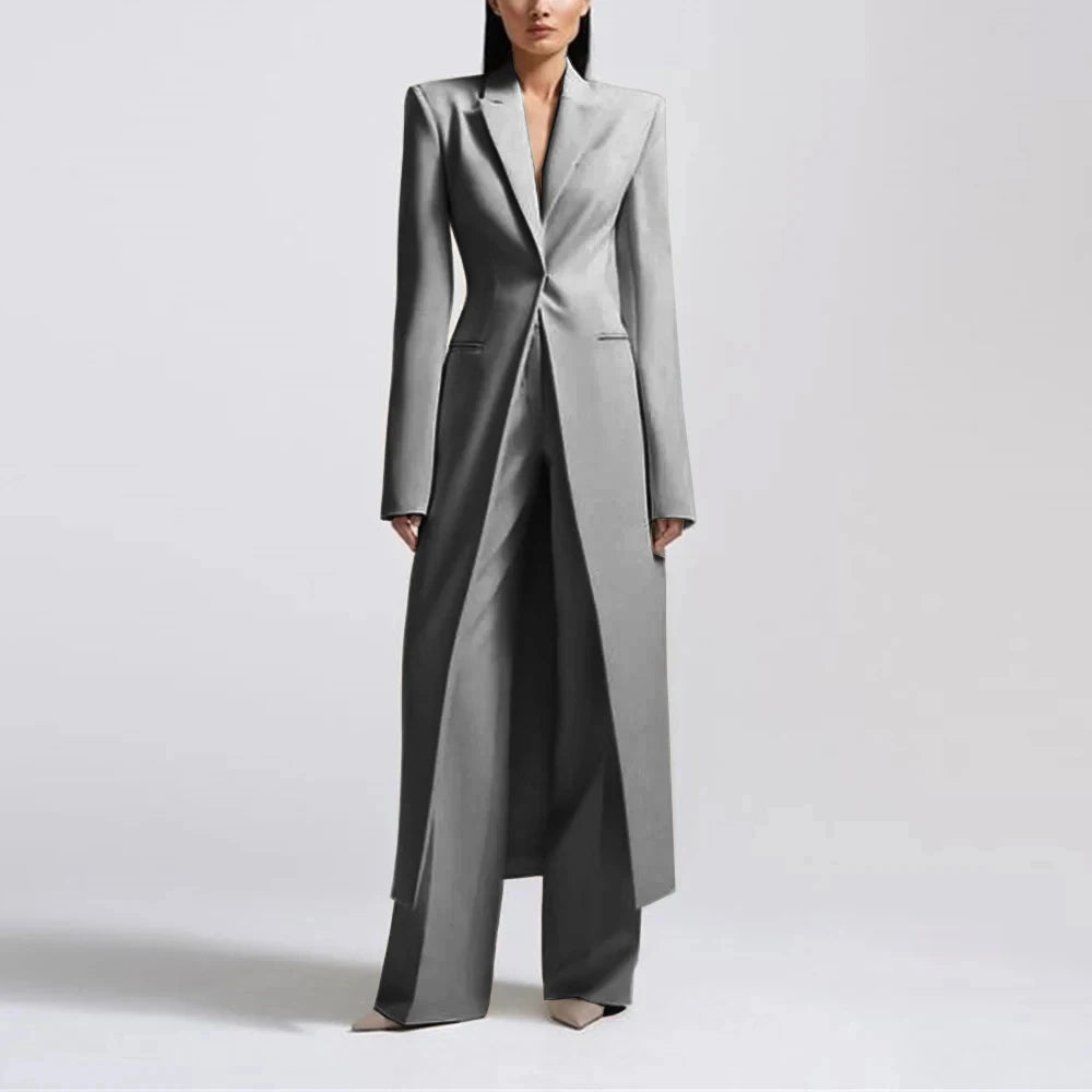 Fashion Beige Women's Blazer PantsSuit Peak Lapel Long Coat Wedding Formal Suits Office Lady Jacket Pant 2 Piece