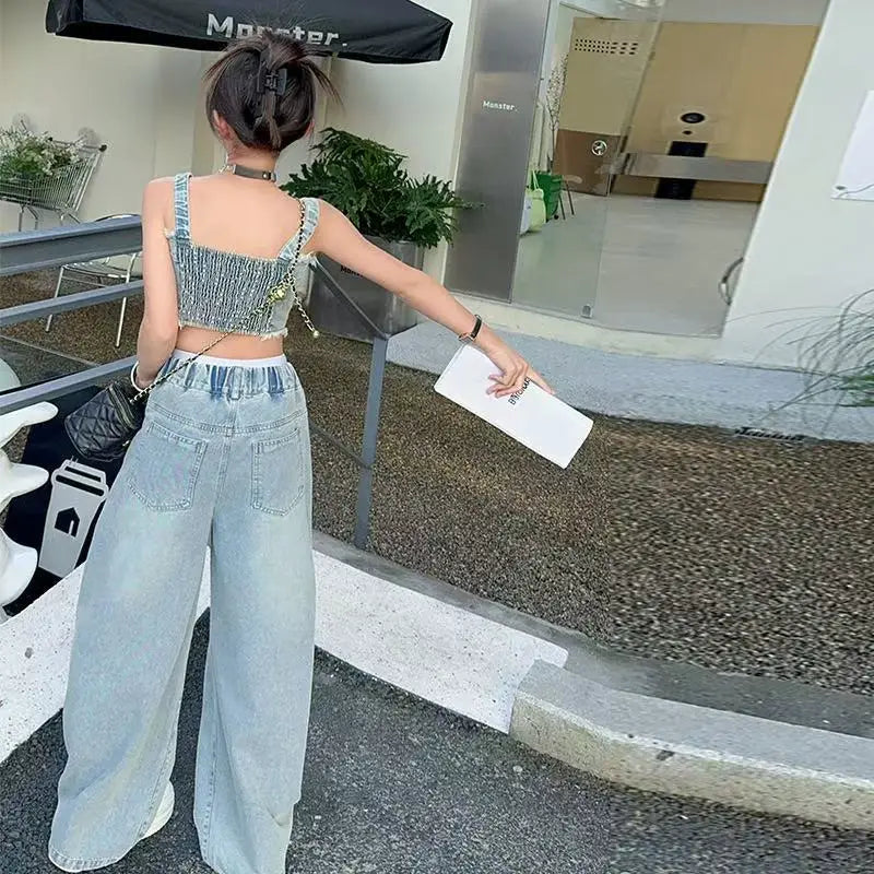 Girl Summer 2025 Halter Vest Ripped Wide-Leg Pants Two-Piece Set Kids Casual Harbor Flavor Simple Style