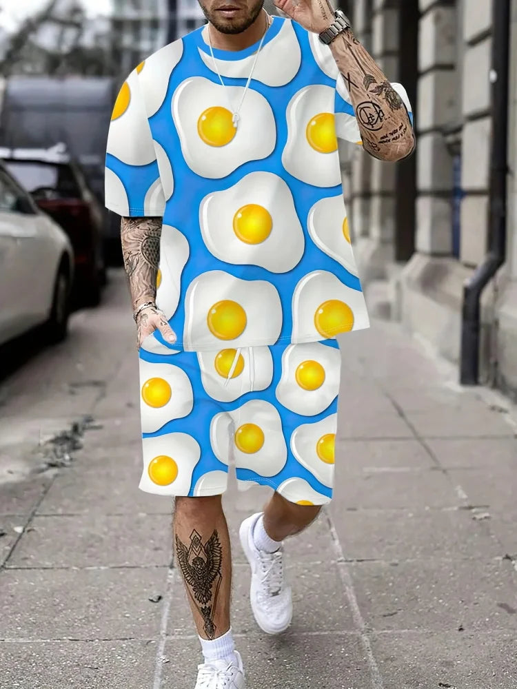 Men's Summer Short Sleeve Set Hip Hop Cartoon Bear Print Short Sleeve Top Shorts Casual Two-piece Outdoor Urban Street Fashion