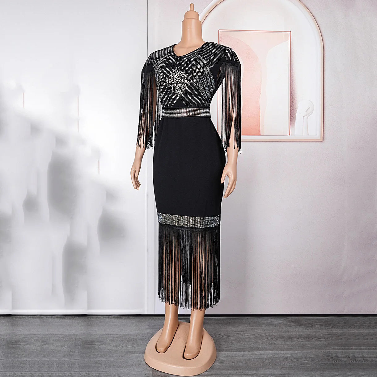 Elegant African Dresses New Trends Luxury Diamond Tassel V Neck Sheath Mid Calf Modest Female Business Work Wear Gowns Clothes