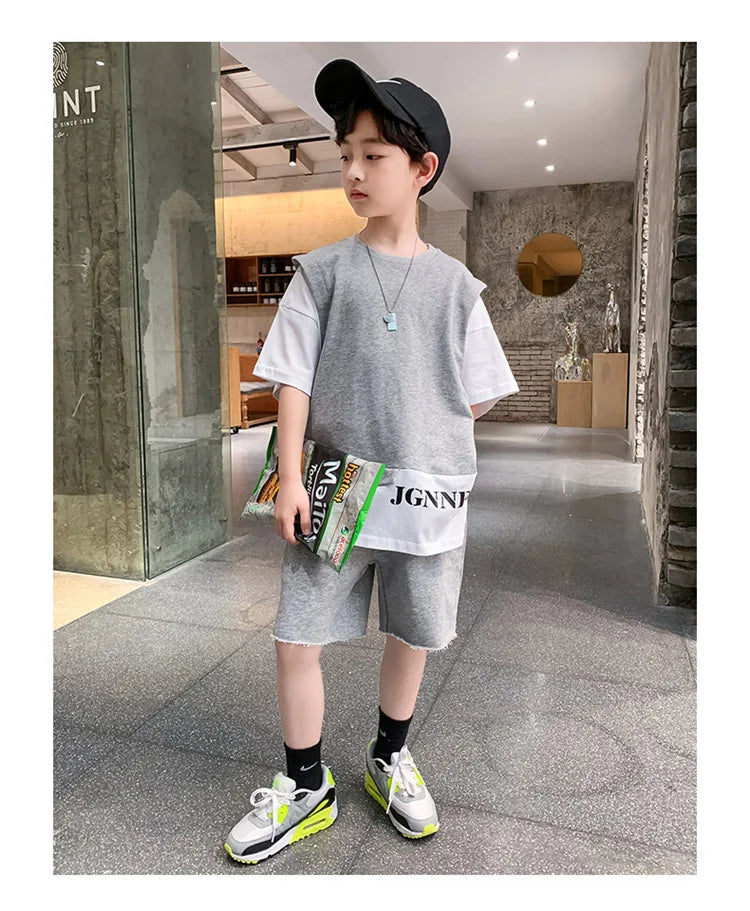 Summer Children Boy Clothes Set Kid Faux Two-piece Letterr Printed Tshirts and Shorts 2 Pieces Suit Teenage Top Bottom Outfits