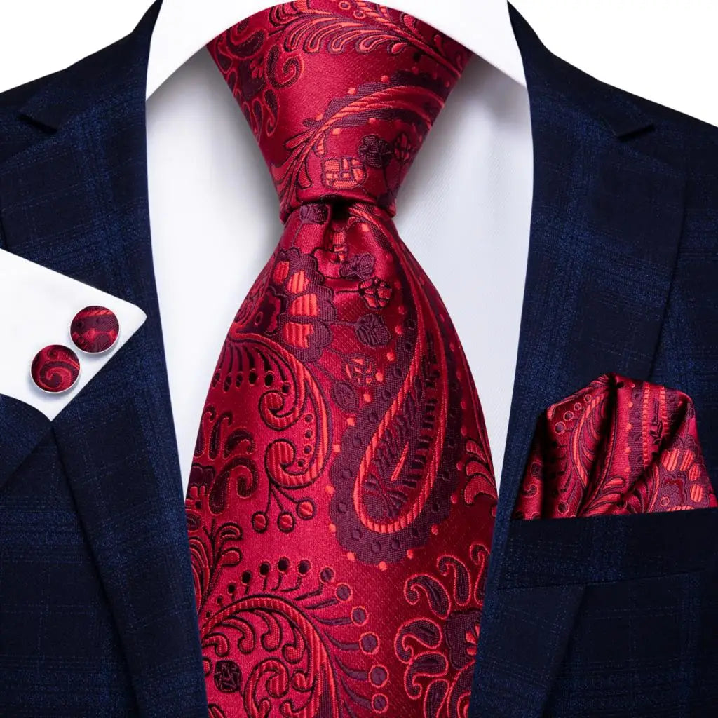 Hi-Tie Designer Red Burgundy Plaid Silk Wedding Tie For Men Handky Cufflink Gift Mens Necktie Fashion Business Party Dropshiping