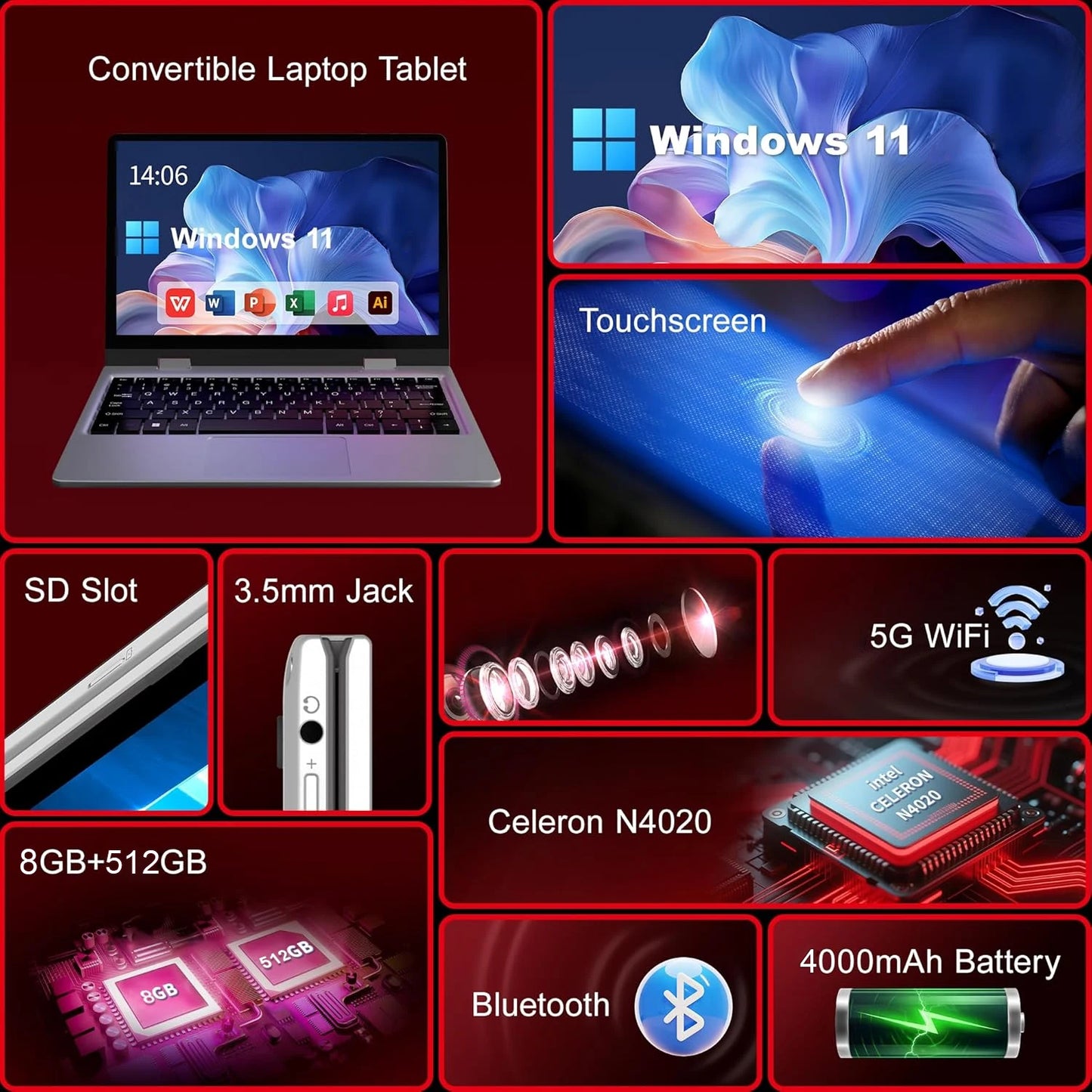 11.6" Portable 2 in 1 mini Laptop Computer Touch Screen Intel Celeron N4020 8GB RAM 512GB SSD Windows 11 Pro Office Learning PC