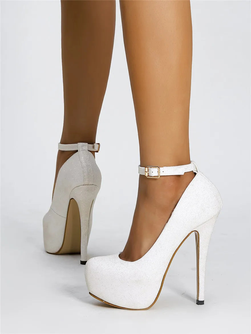 New Women's Shoes Round Toe Glitter Single Shoes Shallow Mouth Waterproof Slim Heel Women's High Heels Plus Size Shoes