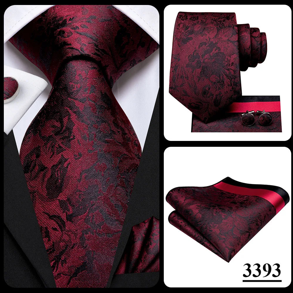 Hi-Tie Designer Red Burgundy Plaid Silk Wedding Tie For Men Handky Cufflink Gift Mens Necktie Fashion Business Party Dropshiping