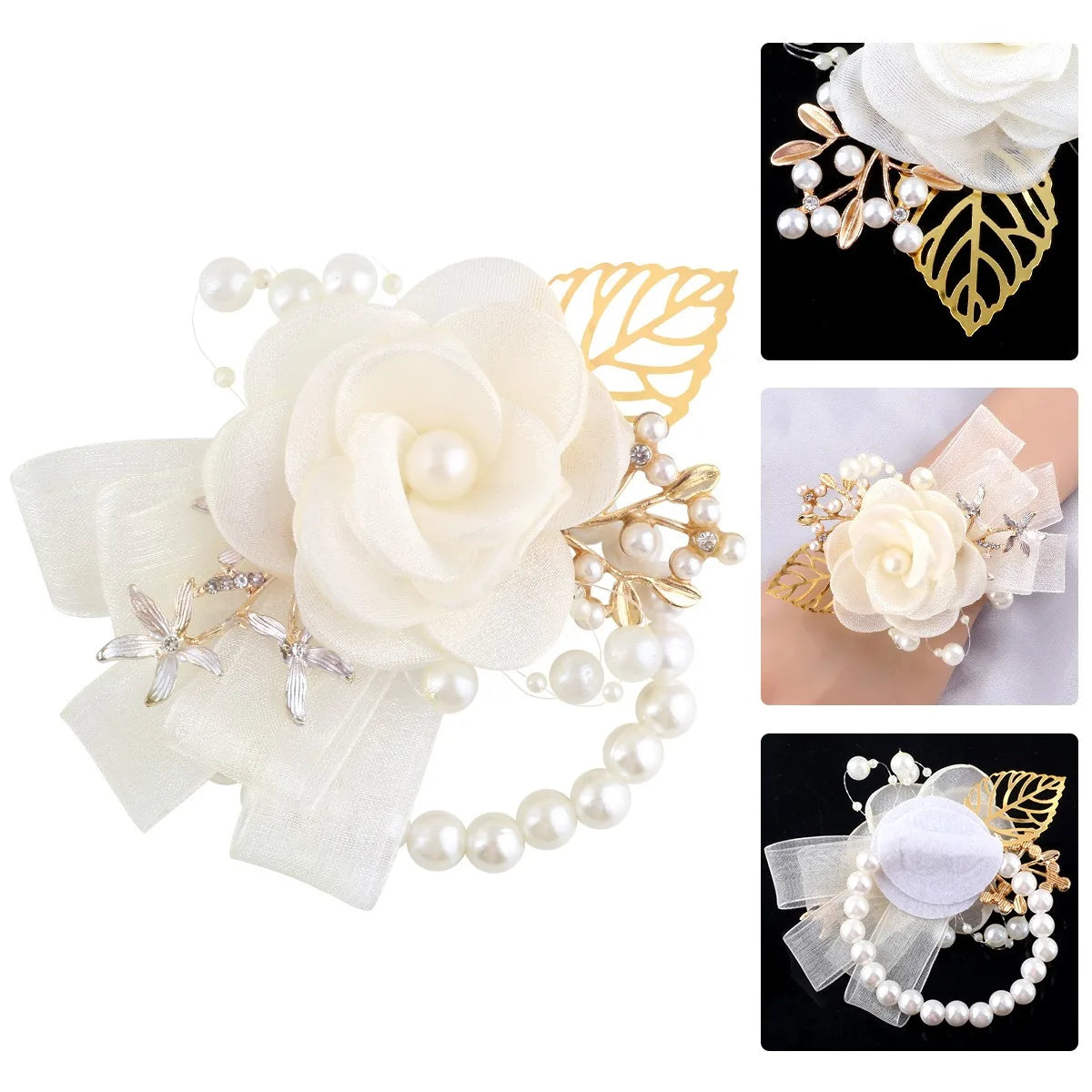 Artifical Rose Flowers Pearl Beaded Wrist Flower Ivory Flowers Bridesmaid Mensuit Marriage Wedding Accessories