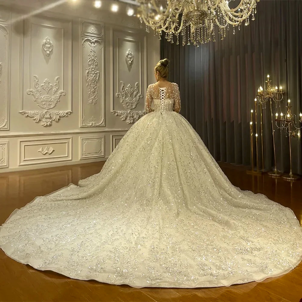 Customized Gorgeous A-Line Long Sleeves Wedding Dress For Women Sequins Appliques Bridal Gown O-Neck Dresses Vestido De Novia