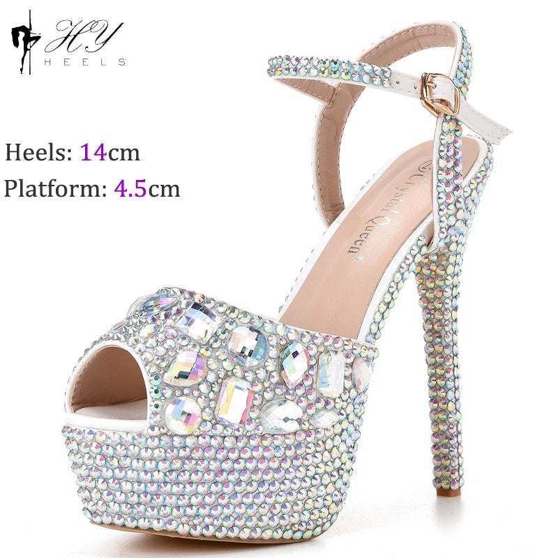 Fashion Diamond Wedding Shoes Ladies 14cm Heels Open-toed High-heeled Waterproof Platform Party Shoes Women