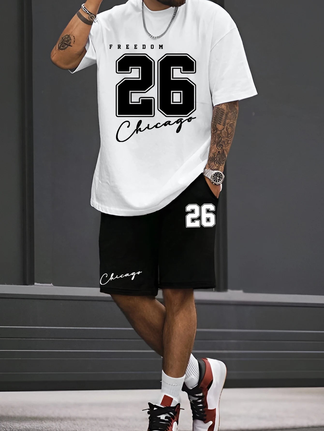 Short-sleeved shorts summer men's suit simple fitted T-shirt letter print with the same printed shorts two-piece set