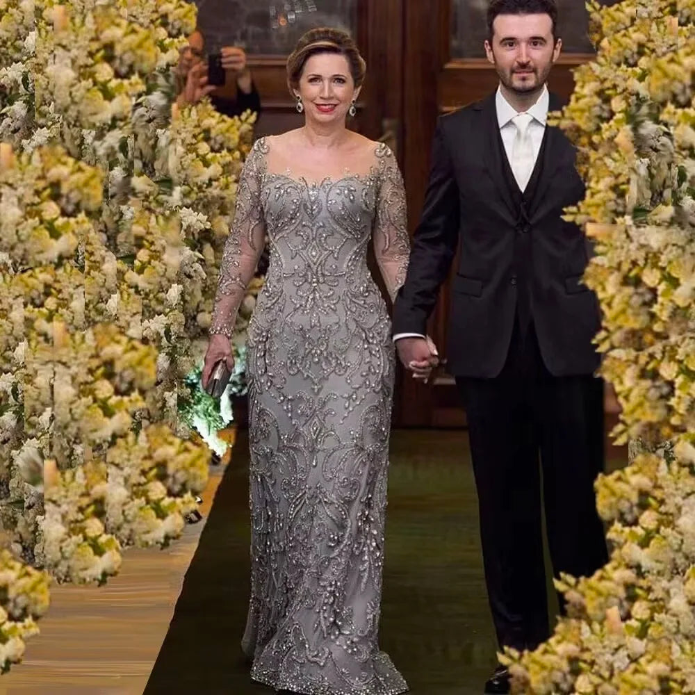 Luxury Full Sleeves Mother Of The Bride Dress Scoop Neck Floor Length Beaded For Women Sweep Train Dresses Customized Vestido de