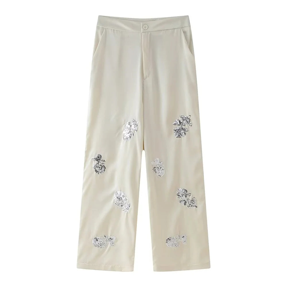 Zach Ailsa 2024 Summer New Product Women's Fashion Loose Lace up Suit Coat Beaded Silk Texture Long Pants Casual Set