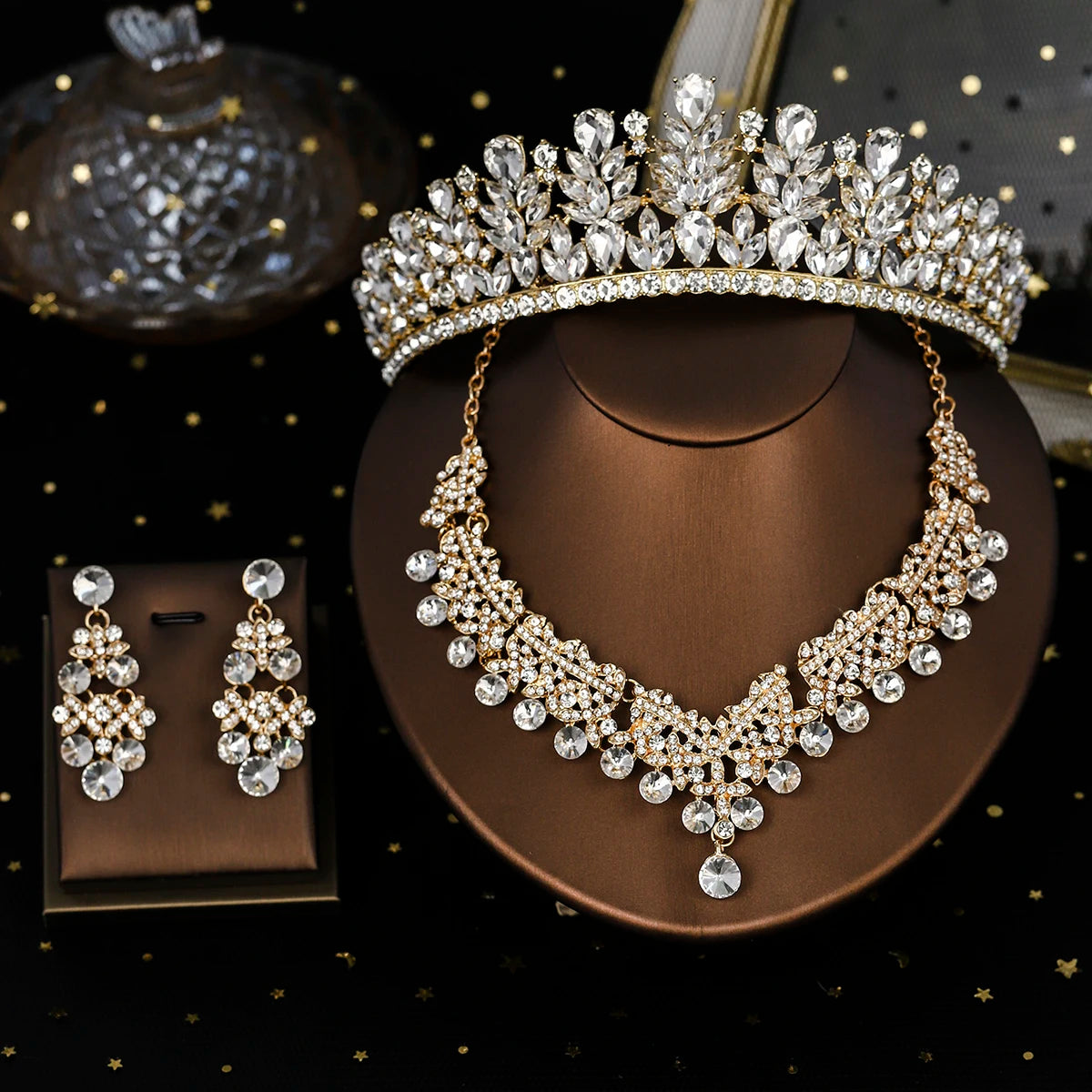 Bridal Wedding Elegant Headpieces Crystal Crown Tiara Classic Earrings & Necklace Set Jewelry Accessories Gifts for Friends
