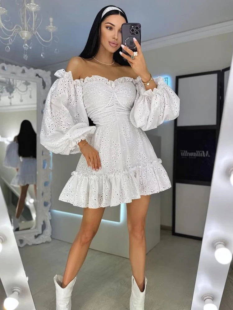 GypsyLady Off The Shoulder Sexy Mini Dresse Cotton Summer Elegant Hollow Out Ruffles Backless Women Vocation Casual Ladies Dress