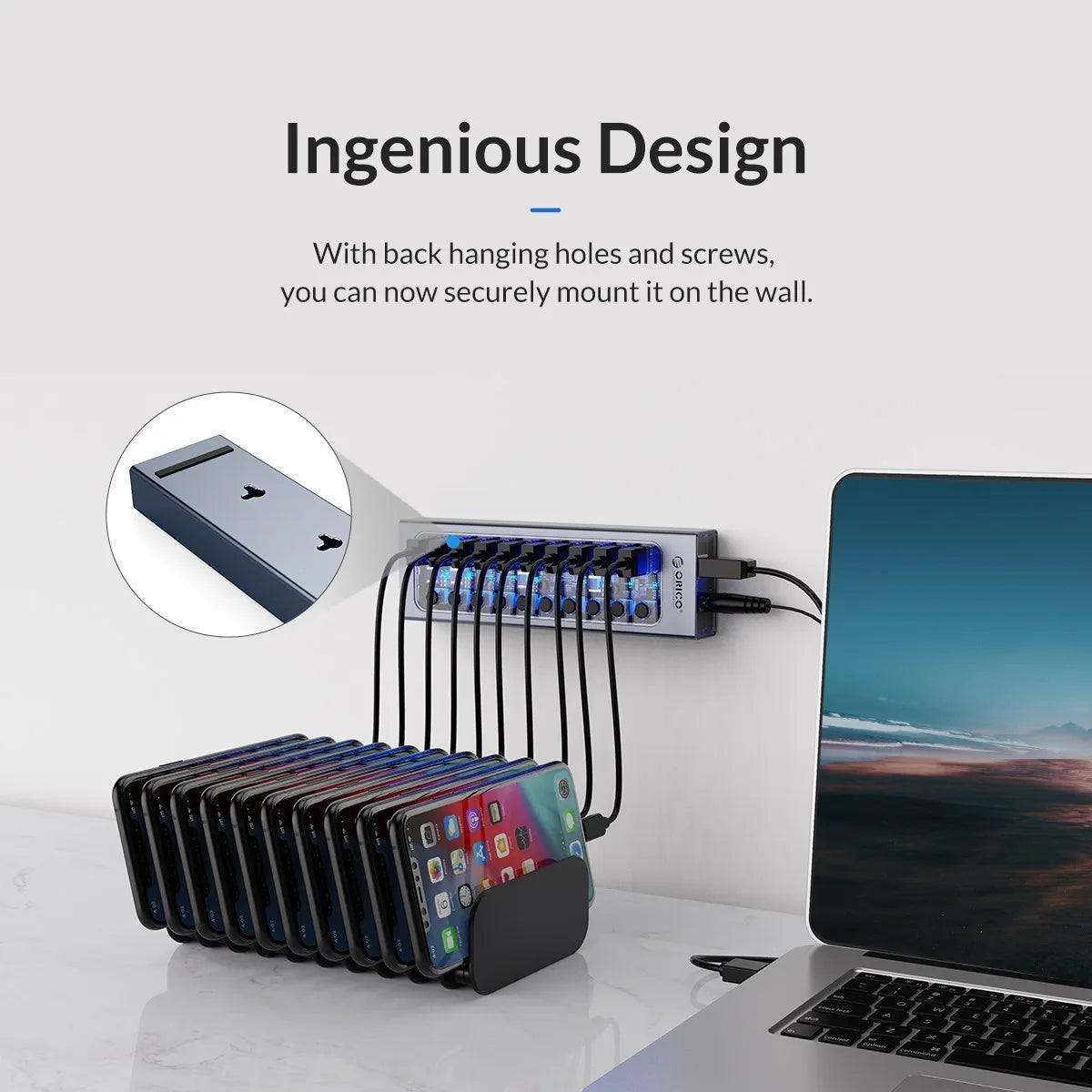ORICO Aluminum Powered USB3.0 HUB 7/10 Ports USB Extension with Switches 12V Power Adapter Support BC1.2 Charging Splitter