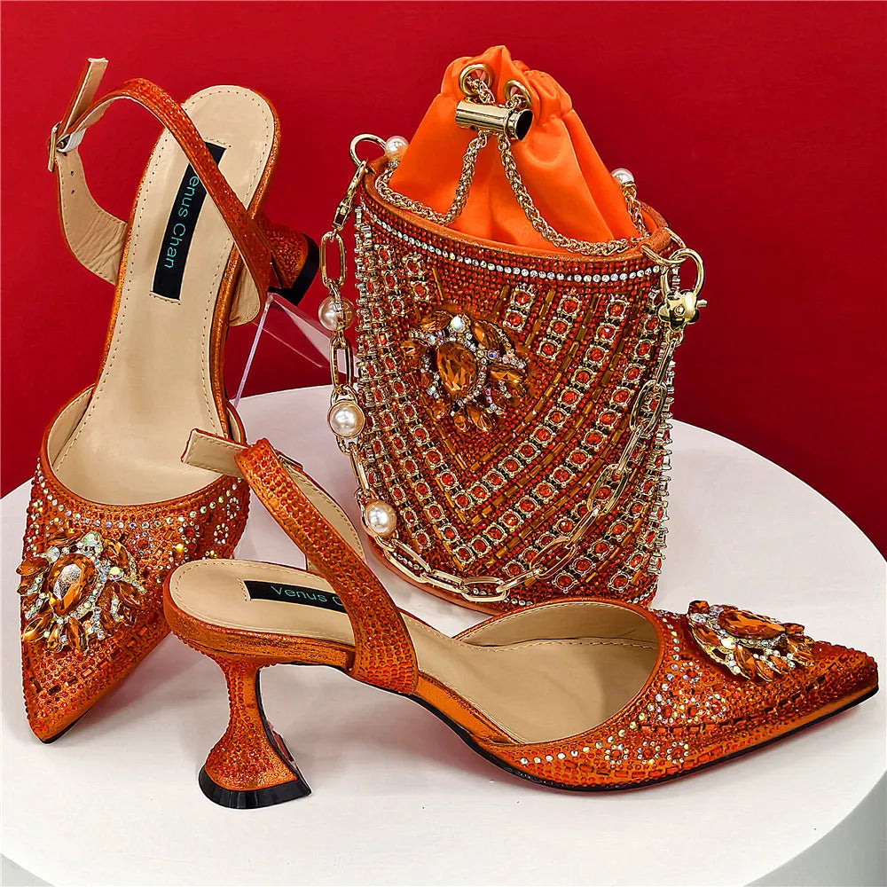 Nigerian Heel Party for Women Blue Color Shoes and Bag Set Rhinestone Handbag Italian Design Wedding INS 2025