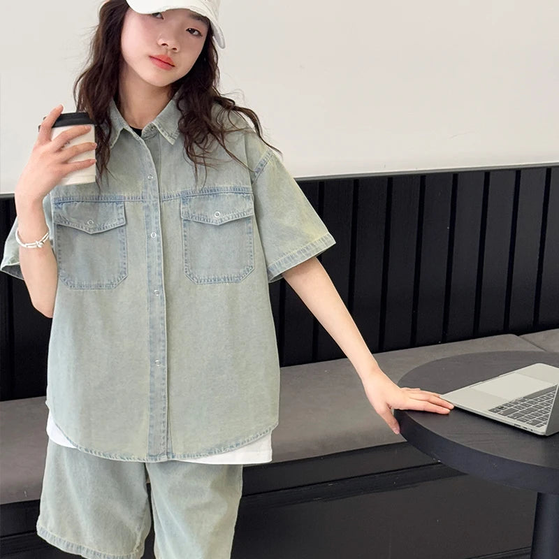 Girls' Summer Tencel Cowboy Set 2025 New Children's Shirt Shorts Two Piece Set Girls' Fashionable Clothes Trendy