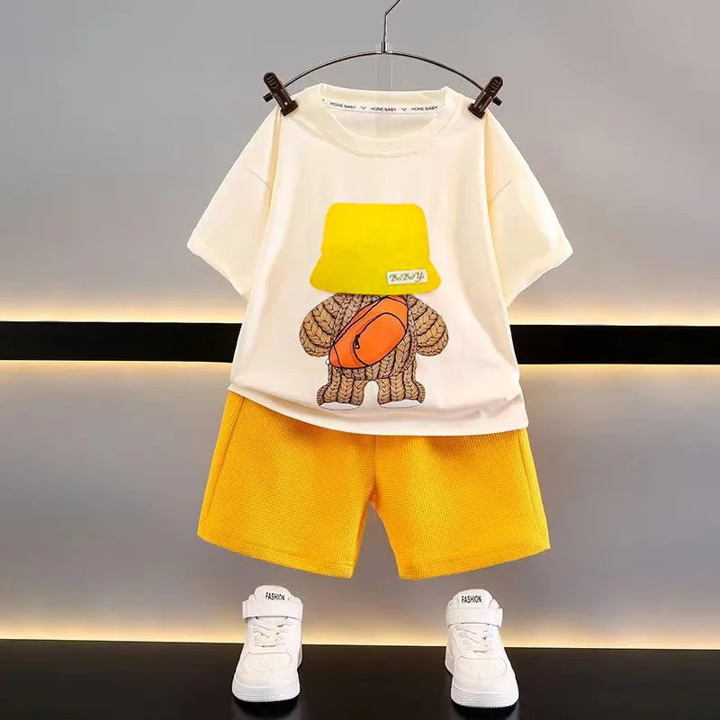 Summer Toddler Baby Boys Clothing Suit 2024 New Bear Backpack Printed T-shirt Top+Shorts Outfits Children's Clothing 2PCS Set