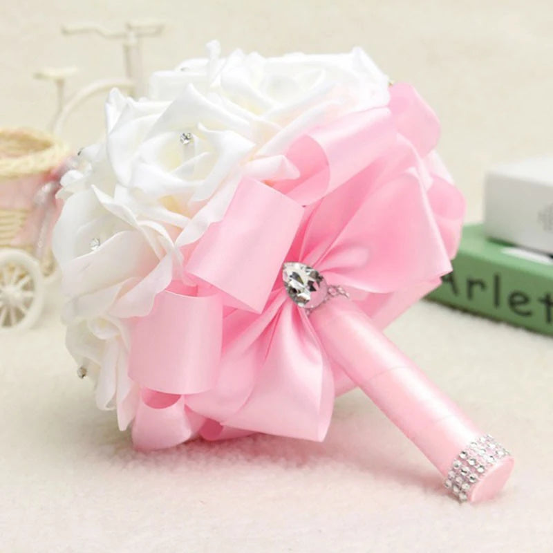 1PC Cheapest PE Rose Bridesmaid Wedding Foam Flowers Rose Bridal Bouquet Ribbon Fake Wedding Bouquet