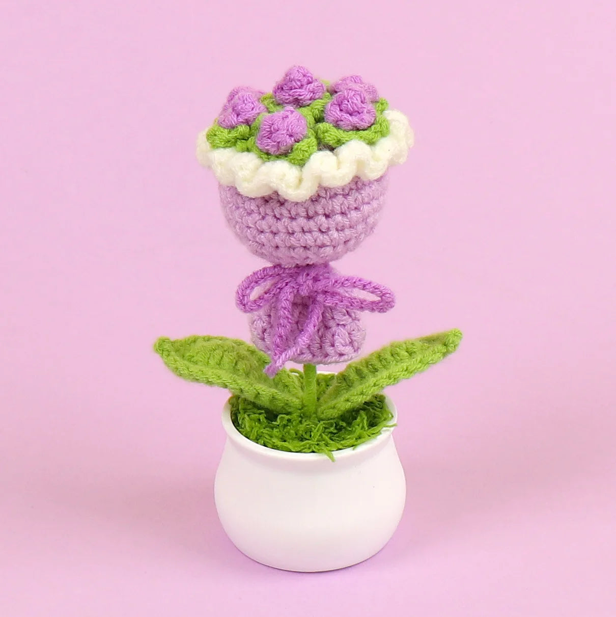 Finished Handmade Crocheted Rose Bridal Bouquet Potted Car Decoration Simulation Wool Flowers Office Decoration Creative