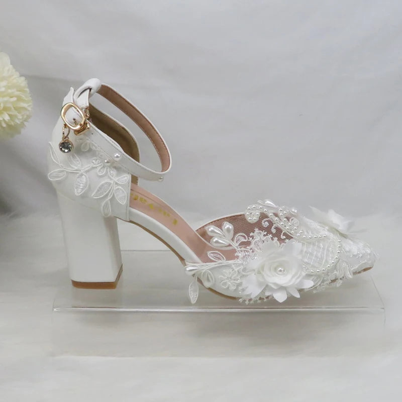 BaoYaFang White Flower Pumps New arrival womens wedding shoes Bride High heels platform shoes for woman ladies party dress shoes