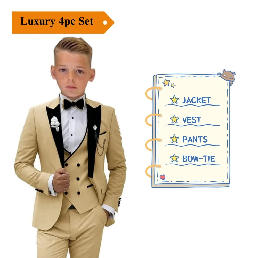 Velvet Collar Suit Set for Kids 3-14 Years, Three-Piece Wedding Suits for Boys, Toddler Suits Tuxedo Blazer Vest Pants Set