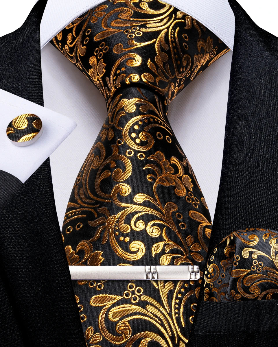 Men's Tie Set with Clip Luxury Retro Striped Floral 8cm Necktie Handkerchief Cufflinks Wedding Party Business Accessories Gift