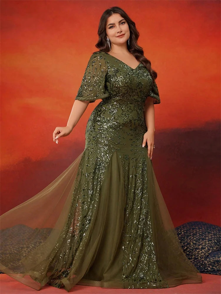 BLUEPLUM Plus Size Elegant Short Sleeves Sequin Evening Dresses For Women Mermaid Formal Bridesmaid Party Maxi Prom Dress Gown