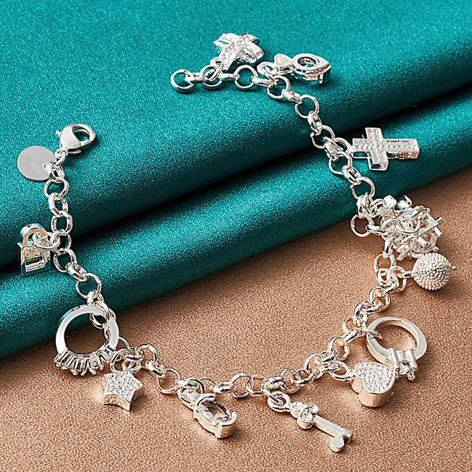 URMYLADY 925 Sterling Silver Ring/Cross/Star/Moon Necklace Bracelet Set For Women Wedding Party Fashion Charm Jewelry