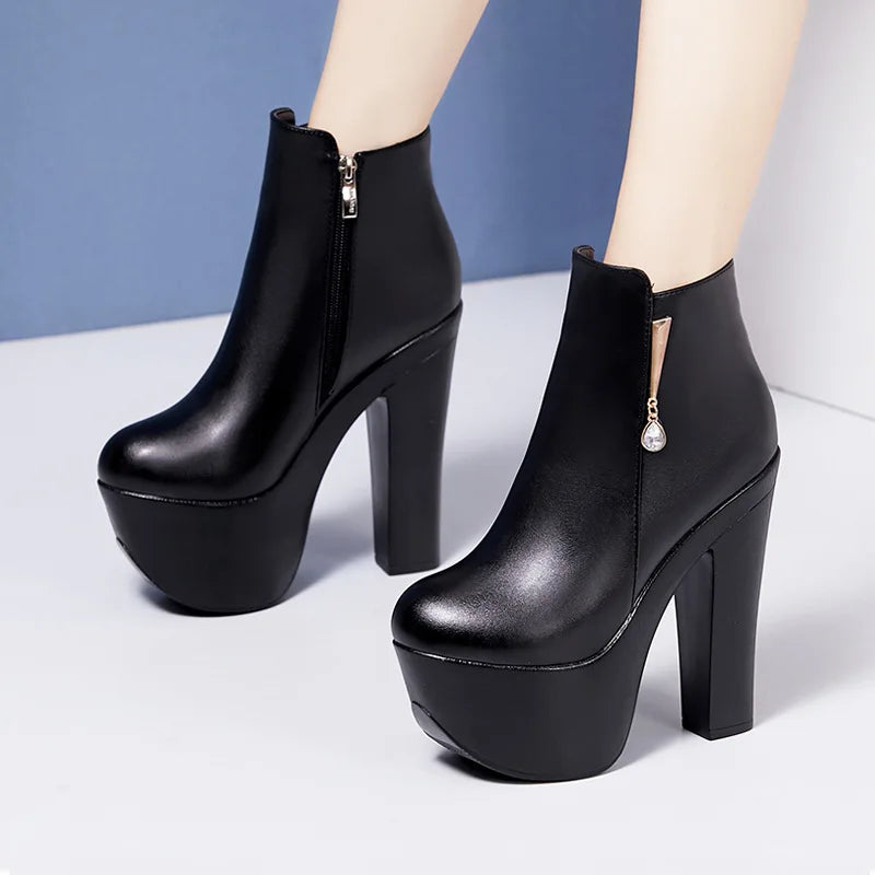 15cm Small Size 32-43 Sexy Extreme Block High Heels Shoes Women Boots Winter 2025 Thick Platform Boots Ankle Botas Model Office