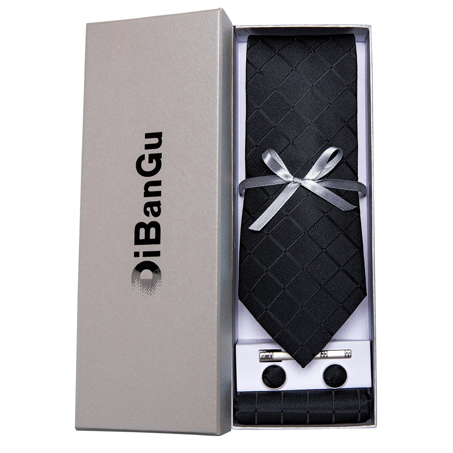 Solid Black Plaid Men's 8cm Polyester Neck Tie Handkerchief Cufflinks Set with Gift Box Tie Clip Birthday Anniversary Gift