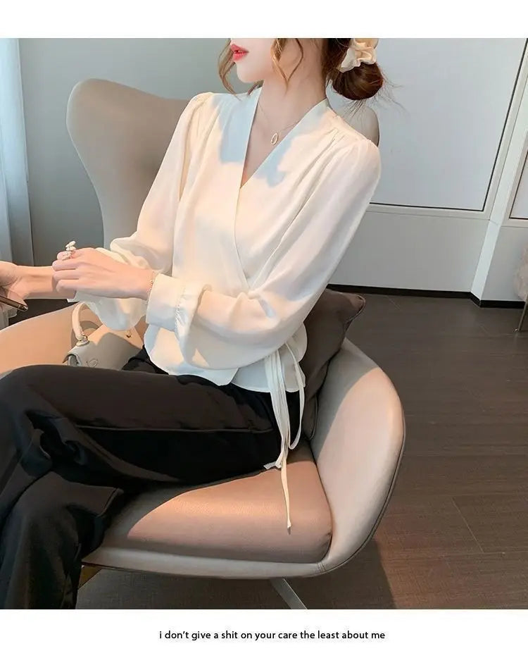 Stylish V-Neck Solid Color All-match Bandage Chiffon Shirt Women's Clothing 2025 Spring New Loose Korean Tops Irregular Blouse